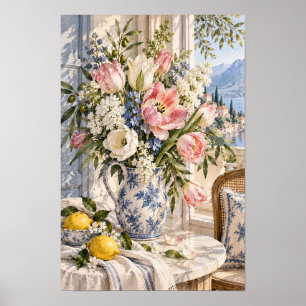 Franse landelijke roze tulp citroen meer muurkunst poster