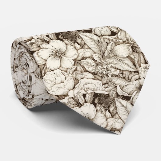 Franse landelijke sepia bloemrijke botanische crèm stropdas (Opgerold)