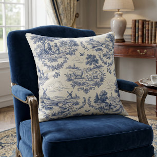 Franse Landelijke Stijl - Blauwe en Crème Toile Pl Kussen