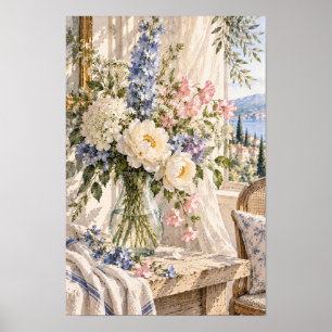 Franse landelijke witte pioen glazen vaas muur kun poster