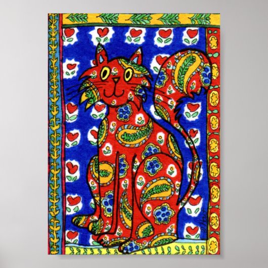 Franse landstijl Red Paisley Cat Mini Folk Art Poster (Voorkant)
