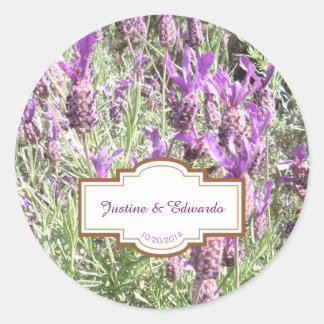 Franse lavendel bloemen gepersonaliseerde bruiloft ronde sticker