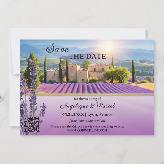 Franse Lavendel Land QR Save the Date Kaart (Voorkant)