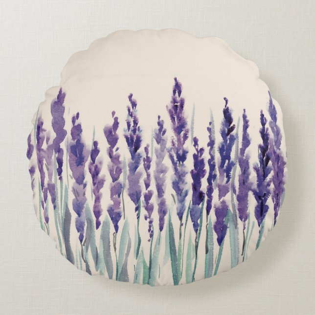 Franse Lavendel: Waterverf Illustratie Rond Kussen (Voorkant)