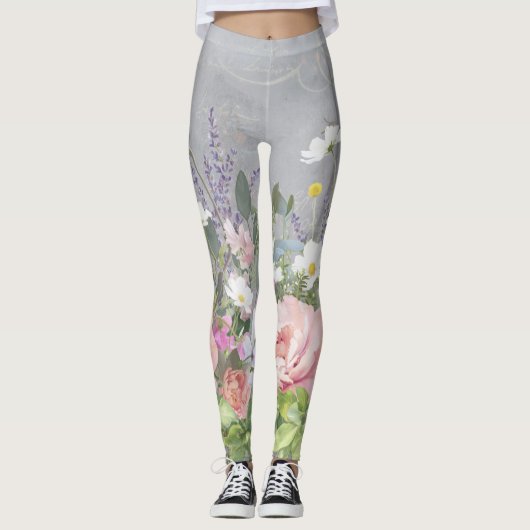 Franse lavender Painted Floral Pink Peony Flowers Leggings (Voorkant)