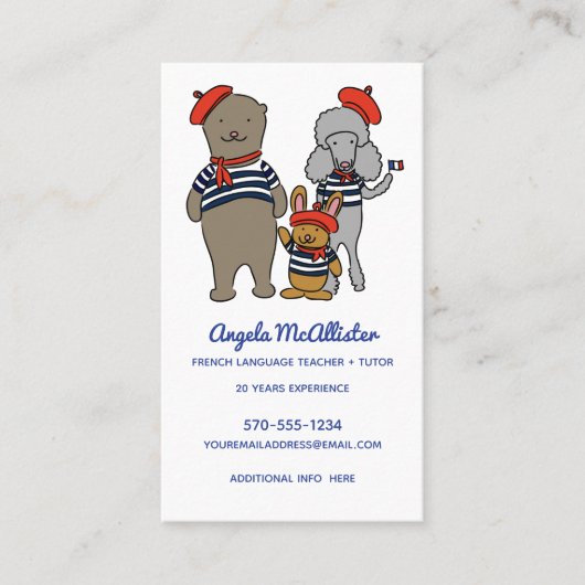 Franse leraar, tutor, vertaler schattige dieren visitekaartje (Voorkant)