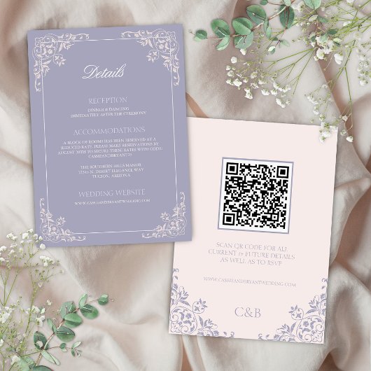 Franse Lila QRCode Wedding Details Enclosure Kaart