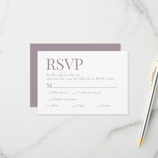 Franse Lila Scan QR Code Maaltijdkeuze Trouwen RSVP Kaartje (Voorkant / Achterkant in situ)