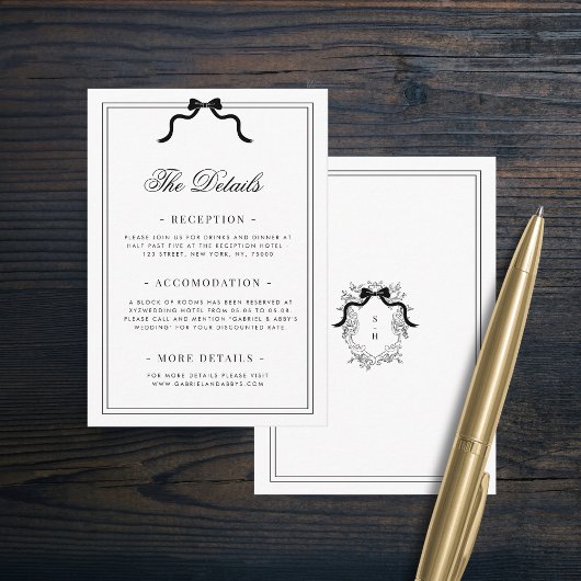 Franse lint boog kam monogram bruiloft details informatiekaartje