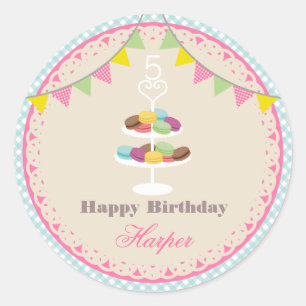 Franse Macarons Birthday Party Blue Gingham Ronde Sticker