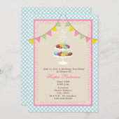 Franse Macarons Birthday Uitnodiging - Blue Gingha (Voorkant / Achterkant)