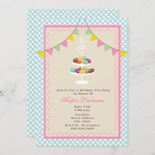 Franse Macarons Birthday Uitnodiging - Blue Gingha (Voorkant / Achterkant)