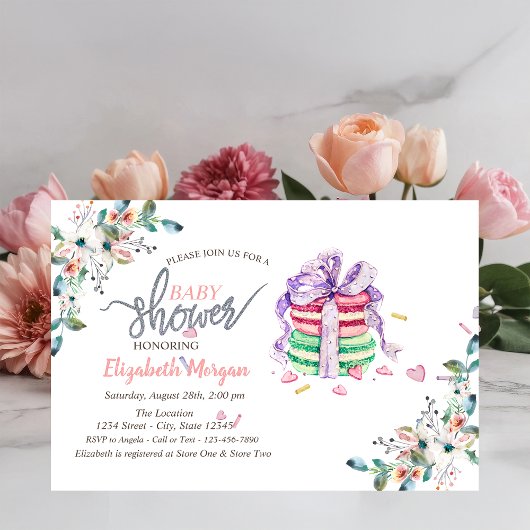 Franse Macarons Bloemen Baby Shower Uitnodiging
