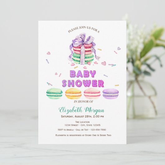 Franse Macarons, gestreept Baby shower Kaart (Staand voorkant)