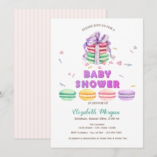 Franse Macarons, gestreept Baby shower Kaart (Voorkant / Achterkant)