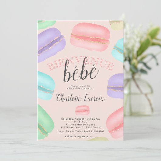 Franse macarons glitter roze baby shower kaart (Staand voorkant)