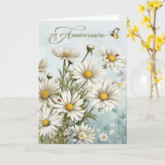 Franse madeliefjes en lieveheersbeestjes verjaarda kaart (Gele Bloem)