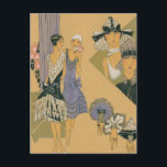 Franse Mode - Paars en zwart Briefkaart<br><div class="desc">Mooie tekening van twee vrouwen in de avond,  gekleed van zwart met witte kant en paars. Ook in de tekening zijn petten en manchetstijlen</div>