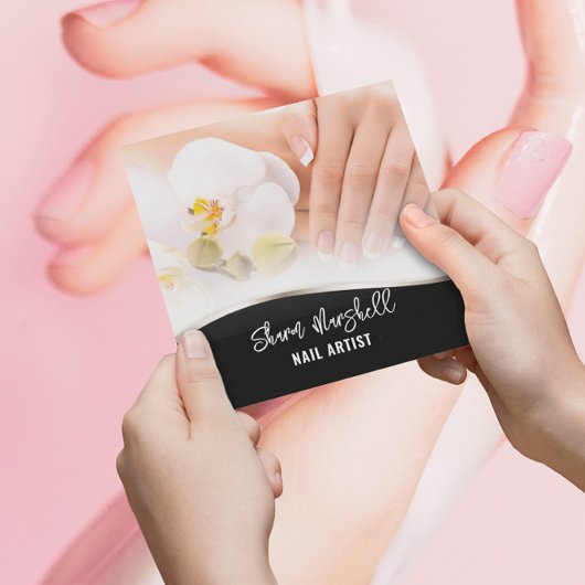 Franse nagels & orchideeën manicure pedicure salon vierkante visitekaartje