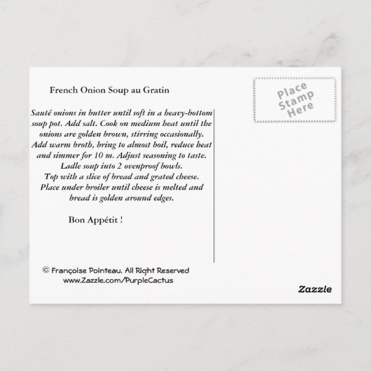 Franse "Onion Soup au gratin" Briefkaart (Achterkant)