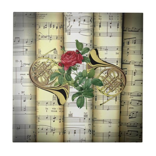 Franse paarden en Roos ~ Rolling Sheet Music ~ Tegeltje (Voorkant)