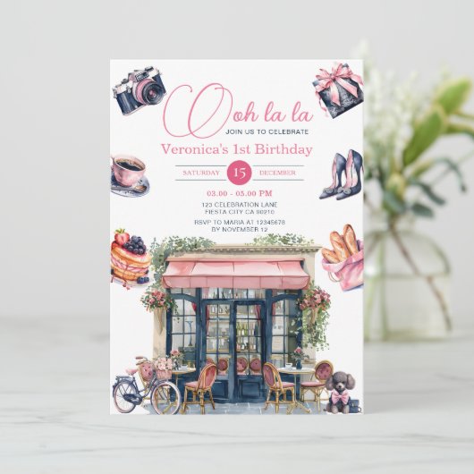 Franse Parijse Patisserie 1e Meisje Verjaardagsfee Kaart (Staand voorkant)