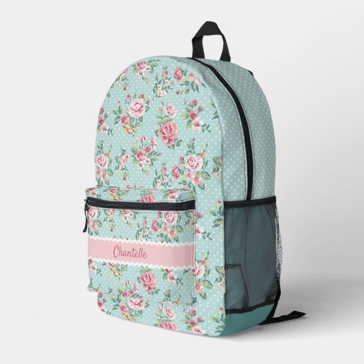 Franse Pastel Mint Groen Blush Roze Rozen Patroon Bedrukte Rugzak (Achterkant Hoek Rechts)