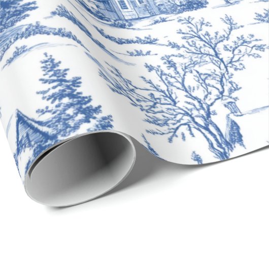  Franse platteland Toile de Jouy Blue Cadeaupapier (Rol Hoek)