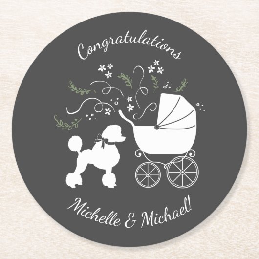 Franse poodle Dog Baby shower Puppy Grey Ronde Kartonnen Onderzetter (Voorkant)