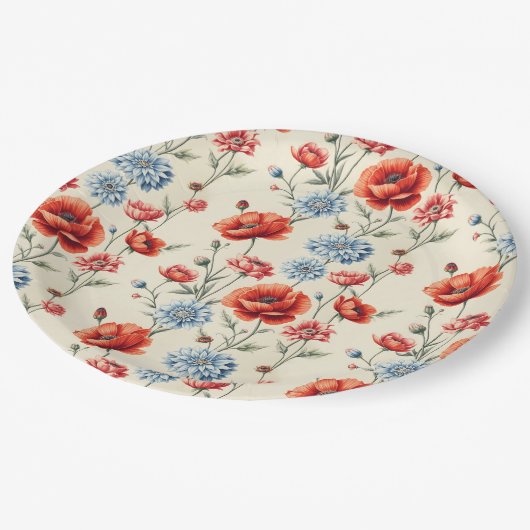 Franse Poppy en Dahlia Toile Papieren Bordje (Gekanteld)