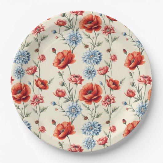 Franse Poppy en Dahlia Toile Papieren Bordje (Voorkant)