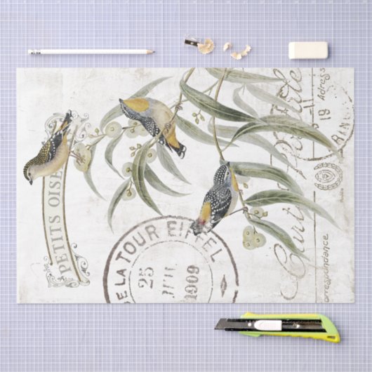 Franse Postmark  Bird Branch Decoupage Tissuepapier (Craft)