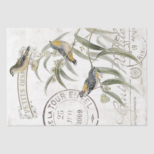 Franse Postmark  Bird Branch Decoupage Tissuepapier (Voorkant)