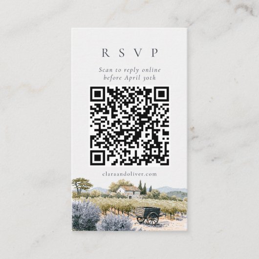Franse Provence Wijngaard Trouw QR Code RSVP Kaart (Voorkant)