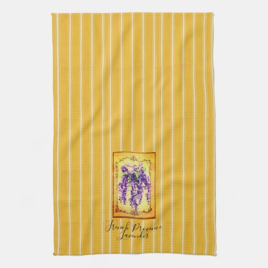 Franse Provence Yellow Stripes met Wisteria Label Theedoek (Verticaal)
