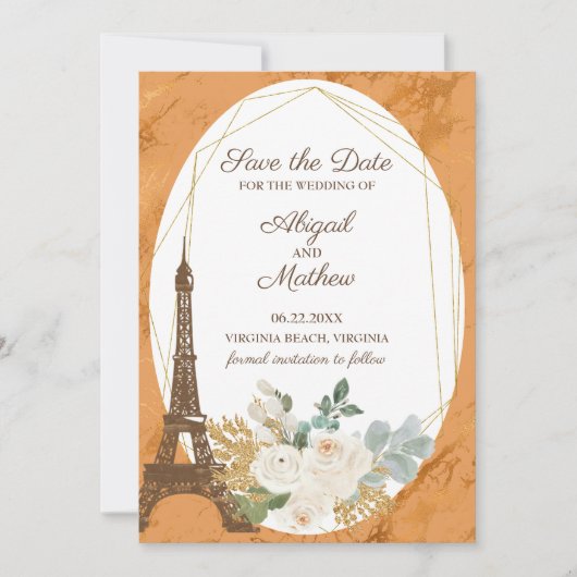 Franse provinciale Rozen, koper, olifantentoren Save The Date (Voorkant)