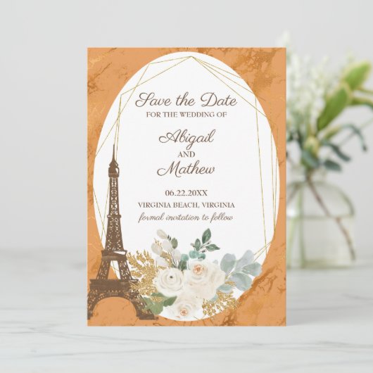 Franse provinciale Rozen, koper, olifantentoren Save The Date (Staand voorkant)