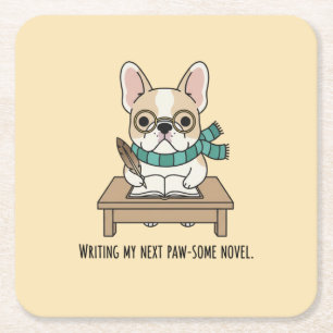 Franse Puppy Auteur Schrijven Pastel Gele Doodle Kartonnen Onderzetters