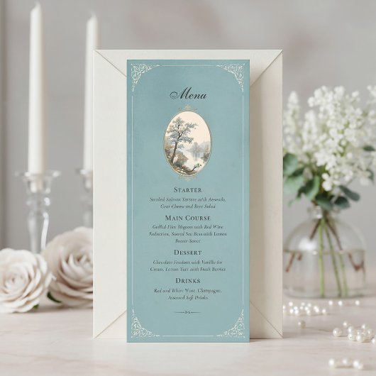 Franse Reiger Stof Blauw Trouwmenu Menu