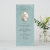 Franse Reiger Stof Blauw Trouwmenu Menu (Staand voorkant)