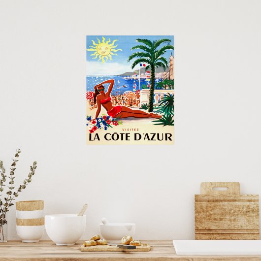 Franse riviera, bikini-meisje op het strand, Frank Poster (Keuken)