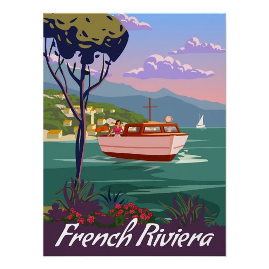 Franse Rivièra kust Motorboot poster vintage (Voorkant)