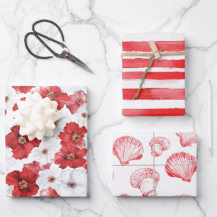 Franse Riviera Rode Bloemen Strepen Schelpen Inpakpapier Vel