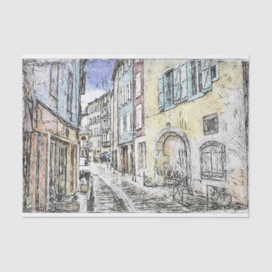 Franse Riviera Street Buildings Schets Decoupage Tissuepapier (Voorkant)