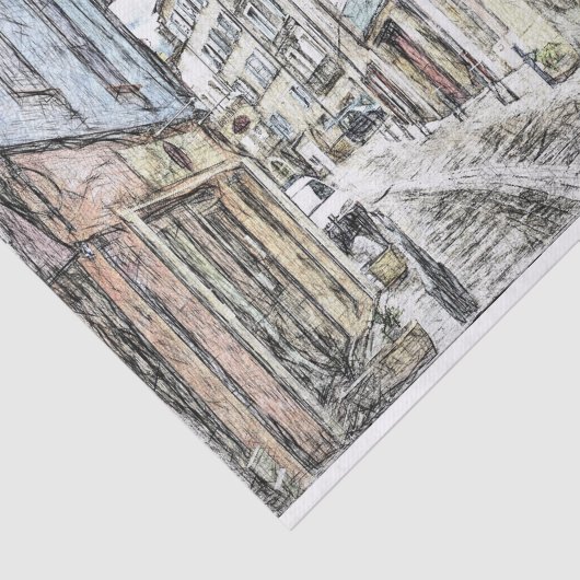 Franse Riviera Street Buildings Schets Decoupage Tissuepapier (Detail)