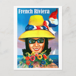 Franse riviera, zonnebril vrouw met gele hoed briefkaart