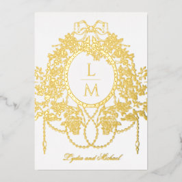 Franse Rococo Gouden Folie Roos Monogram Bruiloft Uitnodiging