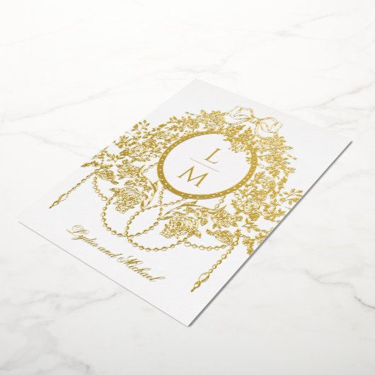 Franse Rococo Gouden Folie Roos Monogram Bruiloft Uitnodiging (Gedraaid)