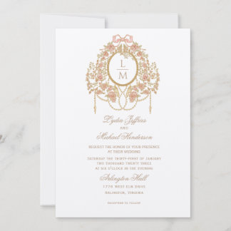 Franse Rococo Roos Monogram Huwelijk Kaart