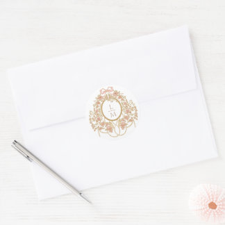 Franse Rococo Roos Monogram Huwelijk Ronde Sticker
